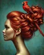 Placeholder: Create an image of a woman in profile view with vibrant red hair styled in an elaborate updo. On top of the hair, place a bright red cardinal bird perched gracefully. The background should be a textured teal color that provides a contrast to the warm tones of the hair and bird, enhancing the overall artistic appeal of the composition.