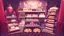 Placeholder: A photo of a pastel pink candy shop with cute aesthetics, the floor has a cute noble red carpet. Purple walls, red shelves and the shelves are filled with cakes with several toppings and layers