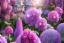 Placeholder: a magical crystal flower lys bougainvillier,pink hydrangeas, pink wisteria, blue gold house crystal castle in wood of pink wisteria, magnolias pink,blue lake,sun,white swanns,pink vertical, blue lake,sharp, vines, candlelit, endor, ornate, elegant, highly detailed, artstation, concept art, smooth, sharp focus, illustration, 8k, splash art, wallpaper, key visual