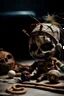 Placeholder: voodoo doll, very nasty and scary head, very damaged, made of all kinds of dirty things. environment of darkness, infinitely dark and sad. melancholy. in the background of the image, papa legba looks at his work.