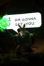 Placeholder: speech buble saying "I am gonna get you." Haraberget big fast killer glowing ball bunny in background, magic swirl, strong winds, true grit, reggae rasta native stand off fast draw poncho cowboy wizard on knees hurt punching green and blue fire ball whip while taking sight wand slinger, in dark cave ,bokeh like f/0.8, tilt-shift lens 8k, high detail, smooth render, down-light, unreal engine