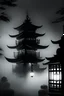 Placeholder: Omisoka festival, Japan, at night. Japanese lanterns, big bell, old dark temple and a foggy ambient. Black and White, realistic.