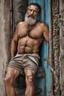 Placeholder: macho beefy strong turkish man sunbathing, sitted on an empty street, 52 years old, ripped tank top, wet, dirty, bullneck, hands behind the neck, bulging shorts, manly chest, very hairy, long beard, big shoulders, relaxed, photorealistic, well defined facial features, half figure photography, big nose, view angle from the ground