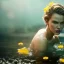 Placeholder: eva herzigova underwater with yellow flowers for hair, closed eyes, rtx, reflection, 8k, glow, winning photography, caustics