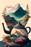 Placeholder: Cozy vibes drawing art tea pot, garden inside tea pot, mountain range in background