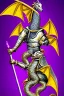 Placeholder: medieval Knight in golden jeweled armor vs dragon, violet color, high detail, sorcery, sparks, mechanical, plasma, treasure, weapons, slithery, goofy