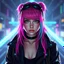Placeholder: a pretty cyberpunk girl, bright coloured hair, storyteller and dreamer, young, futuristic, dystopia