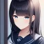 Placeholder: Clear focus,High resolution,8k,High quality, Black short straight hair, medium bangs, and vivrant blue eyes, wearing a sailor uniform, Extreme Close up