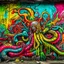 Placeholder: Digital photography of a concrete wall with bright colorful graffiti tagged by "CORRUPTED JUSTICE", eschatological corrupted statue of liberty gaping maw biomechanical tentacles, cosmic horror aesthetic, style of Os Gemeos and style of Phlegm