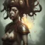 Placeholder: an abstract painting of rusted wood, woman japanese with big breast, big black hair,blood face, Viking style, 8K, a Highly detailed stunning full frame portrait, wide-angle view, a realistic face, volumetric lighting, volumetric clouds