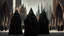 Placeholder: hooded monks in black robes in front of cathedral