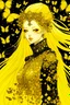 Placeholder: style of Yoshitaka Amano ~ Butterfly Empress, long huge flowing gold hair, yellow eyes. dressed in a cosmic gold plated Armor made of gold butterflies. standing in a room made of butterflies. surrealist. Shades of luminous black and yellow piercing shadow, reminiscent of Beuys and Qian Xuan.