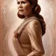 Placeholder: hyperspace background, complete and photo realistic detailed head to waist stunning photo realistic portrait of carrie fisher as Princess Leia in star wars with photo realistic updo hair by Mandy Jurgens and mucha and Richard Schmid and chuck close and chie yoshii, extraordinary and detailed ceremony dress of star wars,brown eyes