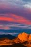 Placeholder: big rock mountains with and orange dawn sky with no clouds close montains