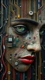 Placeholder: Bosch style painting , A face in details . The texture of the face is a collage of many peace’s of 3D electronic chips , 3D transistors , wires and 3D buttons parts