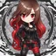 Placeholder: a full-body shot of a woman with long brown hair, red eyes, with a confident, 'bad girl' vibe, wearing black and red leather, ((Chibi anime style)), intricately detailed, intricately designed splash art background