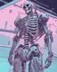 Placeholder: Anime style cyborg skeleton protagonist, 90's cyberpunk video game, cel shading, convoluted, hyper detailed, pastel tones,