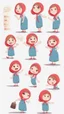 Placeholder: Big girl character, multiple poses and expressions, Real stories illustration style, cute, 20years old girl, full color, red ,She wears a headscarf