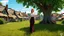 Placeholder: A photorealistic image of a red-haired, slender woman standing in a village green, surrounded by many thatched cottages, next to a large tree. Sunny day.