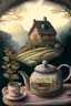 Placeholder: Cozy vibes drawing art tea pot, gardeners home scene in tea pot with Appalachia in the background