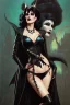 Placeholder: painting of morrigan hel as evil queen in black leather gown, feminie, angry, stern look on her face, emperious, highly detailed, digital painting, artstation, concept art, smooth, sharp focus, illustration, art by gaston bussiere and alphonse mucha