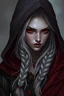 Placeholder: Female woman dark elf sorcerer sorceress sorceress white hair, gray skin, red eyes, drow, dungeons and dragons, shadow hooded mean evil mad braid