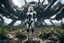 Placeholder: Wide angle photo of a slim sci-fi woman with blond hair, wearing a silver and black futuristic spacesuit looking android-like, standing on a derelict alien cloud tree jungle planet