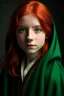 Placeholder: A girl with red hair and green eyes and she is wearing a hogwarts robe