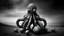 Placeholder: This is a black and white photograph featuring a surreal, abstract scene. The central subject is an octopus-like creature with an egg-shaped body, resembling a smooth, rounded shell. It has eight long, spindly legs, each ending in a cluster of smaller, bulbous appendages. The texture of the creature's body and legs is rough and uneven, giving it a somewhat organic yet alien appearance. The background is a barren, rocky landscape with faint, misty hills or mountains in the distance, creating a se