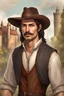 Placeholder: A tall dark haired man in his late 20s with brown hair and a thin mustache, hazel eyes, tanned skin, wearing a vest, cape and trousers, wearing a wide-brimmed hat. medieval fantasy, 16k HDR, ultra realistic,