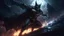 Placeholder: Demonic Batman with dark aura around, agressively spinning around in circle with his claws creating blasts of wind and an aura explosion, torned clothes flying in circle, wearing cybernetics enhancements, occult symbol under him on the ground, epic dynamic composition, dark cityscapes background, Artstation, HDR, colorful shot, intricate details, cinematic, detailed, stormy weather, detailed art deco ornamentation, flying debris, Carnage Style, red, intensity