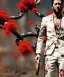 Placeholder: an abstract painting of rusted metal and flowers, Samurai, Geisha style, 8K, a Highly detailed stunning portrait of Dom man holding a woman by the chain, realistic face, white suit, beard, and short hair, bad boy