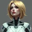 Placeholder: a pretty woman, blonde hair, robot torso, contemplative, cyberpunk, digital art, stylised
