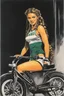 Placeholder: a Celtic girl with braids in a dark tight sport outfit, she does gym on a training bike, panting [Original and final cover art and five interior illustrations by underground comix artist, Spain Rodriguez, from the German edition of Charles Bukowski’s book, Women, circa 1980’s.]