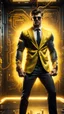 Placeholder: Hyper Realistic handsome muscular Electric-Superhero wearing long-fancy-yellow-tuxedo & fancy-sunglasses in a dark-rustic-circuit-room with electric-sparks-&-rays & a massive circuit-board-wall showing dramatic & cinematic ambiance.