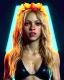 Placeholder: portrait, Shakira, blonde artist, Realistic image, drinking a strawberry milkshake, gold line make-up, sweat, fog, goddess style, Neon colors, leds. Black background, photo studio, concept art, smooth, unreal engine 5, god lights, ray tracing, RTX, lumen lighting, ultra detail, volumetric lighting, 3d, finely drawn, high definition, 4k.