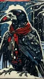 Placeholder: A contemporary serigraphy by Matisse of a human-like crow adorned in a punk leather jacket within a snowy Christmas atmosphere.