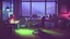 Placeholder: Dimly lit night time gaming room, with a messy bed and a single desk with a gaming PC, two monitors on the desk, gaming chair, bed is in the background under a window, the room is filled with neonlights, night time, atmospheric, detailed.