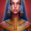 Placeholder: 3D close-up of a beautiful Arab pharaonic girl, sarcastic smile, high contrast, glowing backlighting, blue and red backlighting, vibrant hair, dark brown eyes, sharp focus, high makeup, medium face painting, background blur.Mark Ryden