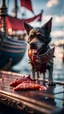 Placeholder: portrait of a vampire werewolf dog sucking the blood of fish on a viking ship, on a glass pier ,bokeh like f/0.8, tilt-shift lens 8k, high detail, smooth render, down-light, unreal engine, prize winning