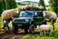 Placeholder: lots of sheep jumping on each other with mechanic, portrait of a broken mechanic, mixed body hybrid part big (sheep), fixing (far away old land rover 4x4 discovery 2) in the countryside