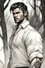 Placeholder: Portait young chris hemsworth as fantasy alpha werewolf in human form very muscular short cropped black hair and stubble on chin, tribal tattoos wearing white button up shirt with rolled up sleeves realistic face, close-up, dark fantasy, fantasy forest, intricate details, hyper detailed, photograph