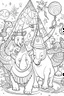 Placeholder: HAPPY NEW YEAR coloring page for kids, Party hats and streamers in an animal fiesta, thick outline, low details, no shading, no color