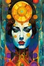 Placeholder: Create a chaotic abstract cubist Tarot Card depicting a post apocalyptic, The Empress , with highly detailed facial features, in the style of Bill Sienkiewicz, Philippe Druillet, Gustav Klimt, and Jean Giraud Moebius, precisely drawn, colored and inked