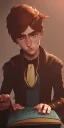 Placeholder: A little handsome brown haired warlock kid with his dark book of shadows casting a spell by Nick Harris