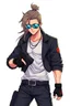Placeholder: male cyberpunk solo with long hair tail, Norwegian, Wearing Leisureware and mirrored sunglasses, armed with heavy pistol, lean, nice, Anime Style, Retroanime, Video Game Character