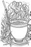 Placeholder: Outline art for coloring page, A JOINT WITH WHISPS OF SMOKE NEXT TO A JAPANESE CHAWAN TEACUP, coloring page, white background, Sketch style, only use outline, clean line art, white background, no shadows, no shading, no color, clear