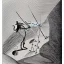 Placeholder: hand drawn in single line by Nicolai Blatter with hatch with parallel wavy lines metal engraving representing the Adventures of Don Quixote de la Mancha in bosch style or salvador dali style