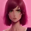 Placeholder: crystal clear blue eyes, and dark pink hair, dot eyebrows, woman, angry expression, pointy ears, long hair