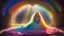 Placeholder: The princess, bound by ropes of shadowy magic, lies sleeping at the feet of the rainbow, her golden locks cascading around her like a veil of sunlight. The vibrant colors of the rainbow arch overhead, casting a surreal glow upon the scene, a stark contrast to the darkness that surrounds her. The princess's face, usually radiant with life and laughter, now bears a look of peaceful serenity in her slumber, as if she is caught in a dream world of her own making. Her sapphire eyes, closed in repose,